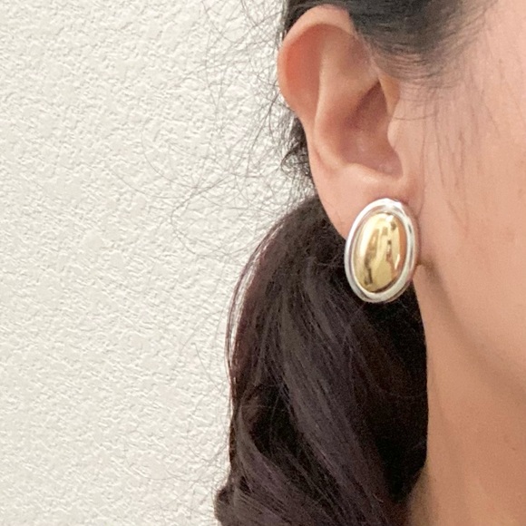 Vintage NAPIER 2-tone High Polished Metal Oval Cabochon Modernist Earrings 12g. - Picture 2 of 14